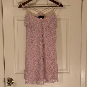 Pink lace mini dress with blue stitching